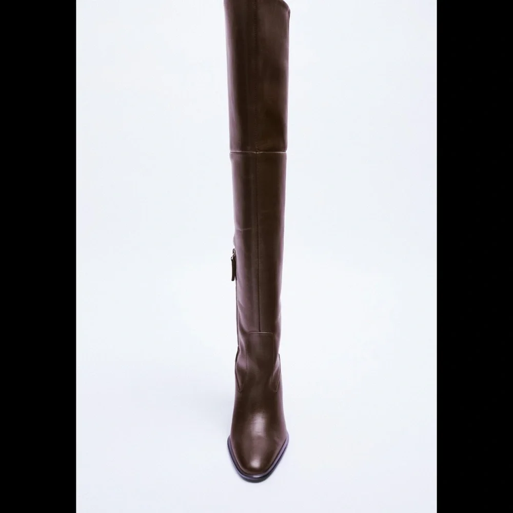 NWT ZARA Heeled Leather Over The Knee Boots Chocolate Brown 9/40 Blogger’s Fav